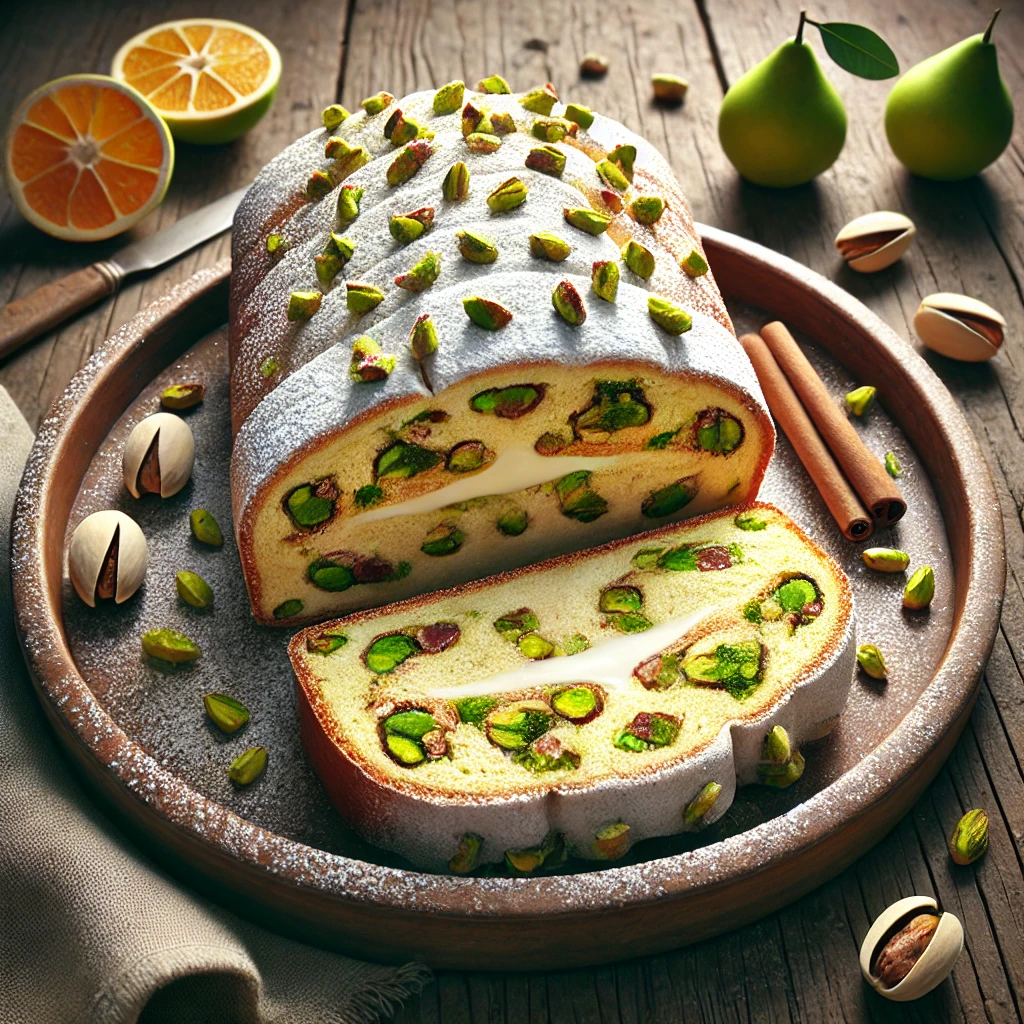 Porcukorral szórt stollen szeletek pisztáciás és marcipános töltelékkel