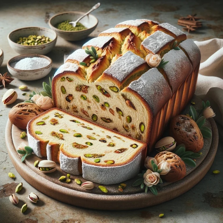 Pisztáciás-rózsavizes Stollen szeletelve, porcukorral megszórva