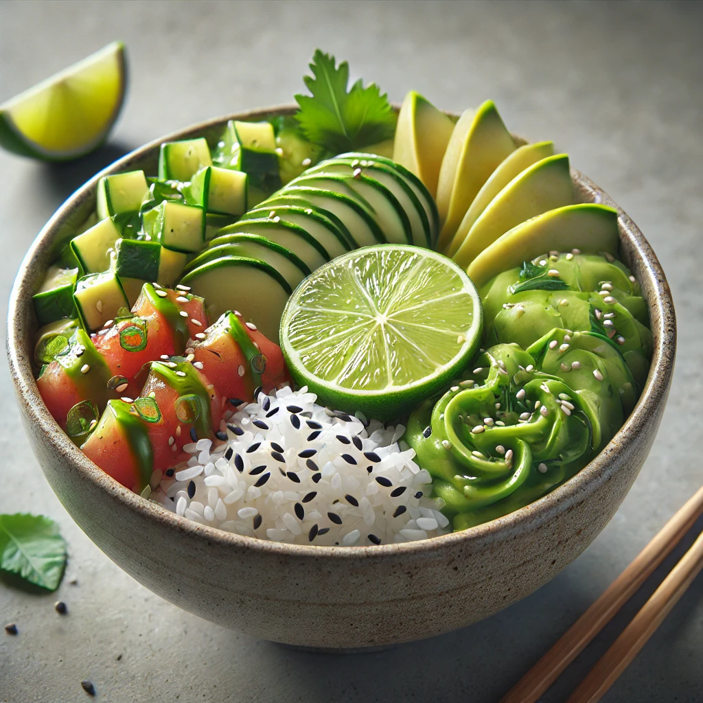 Friss és tápláló lime-os poké tál rizsen, zöldségekkel.