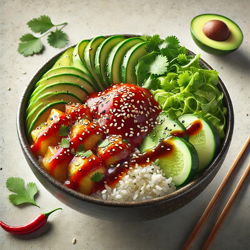 Friss és tápláló sriracha szósszal készült poké tál rizsen, zöldségekkel.