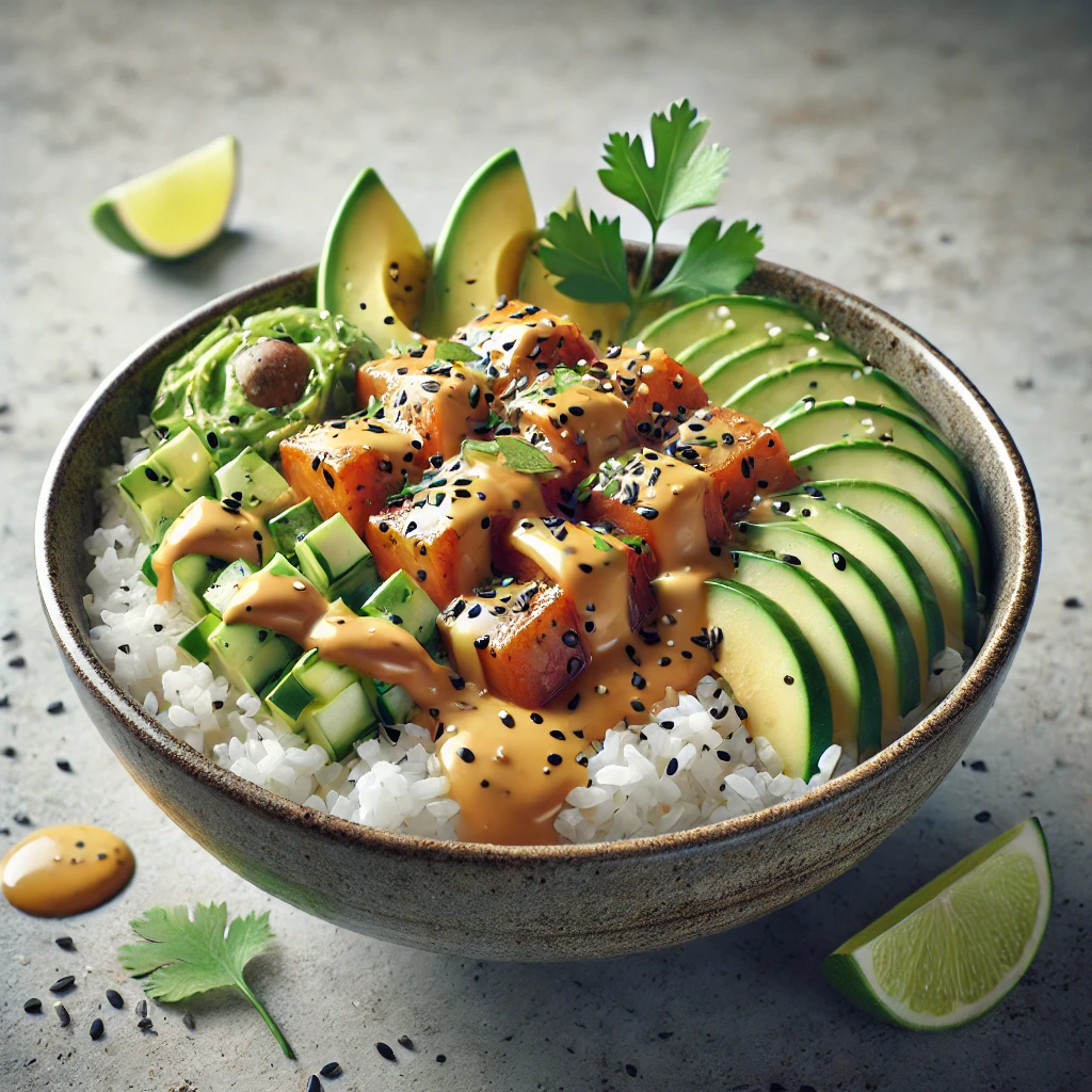 Friss és tápláló tahini szósszal készült poké tál rizsen, zöldségekkel.
