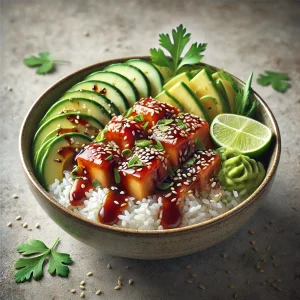 Friss és tápláló teriyaki szósszal készült poké tál rizsen, zöldségekkel.