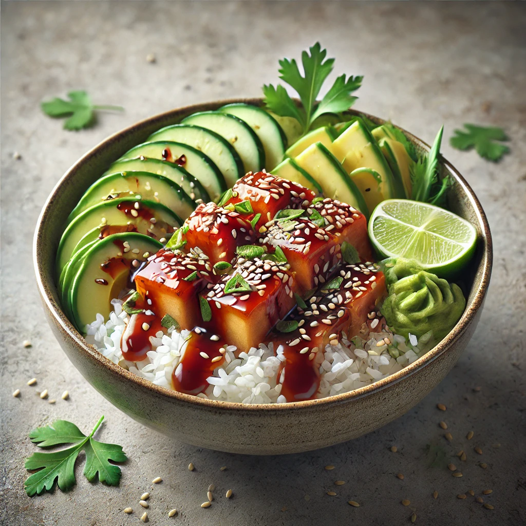 Friss és tápláló teriyaki szósszal készült poké tál rizsen, zöldségekkel.