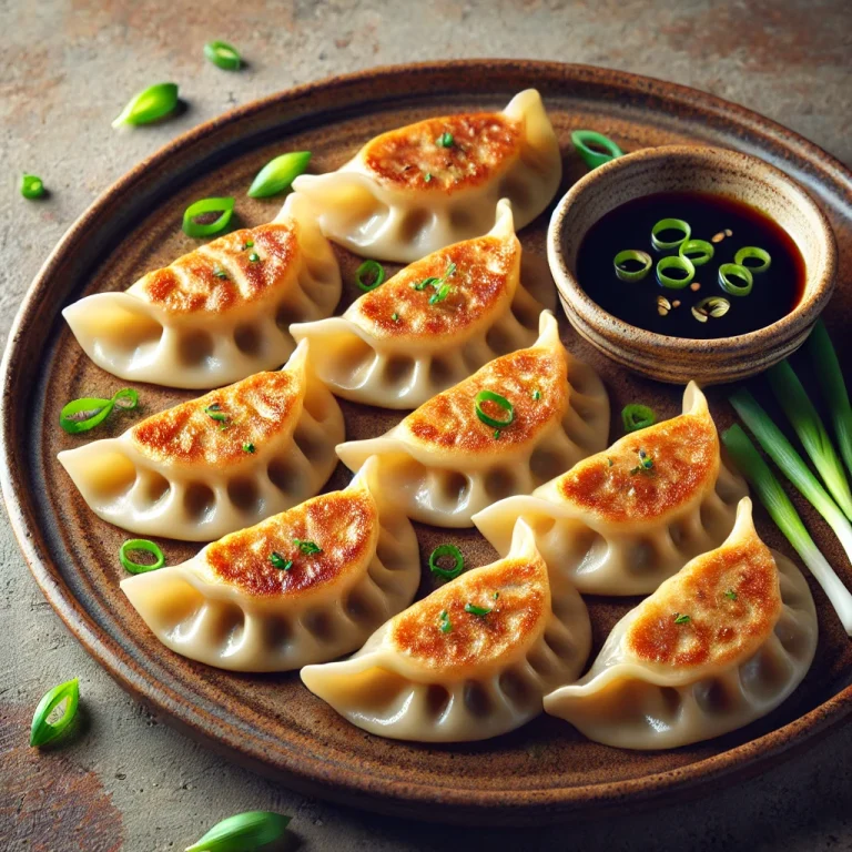 Pork Gyoza tálalva pirítva szójaszószos mártogatóval