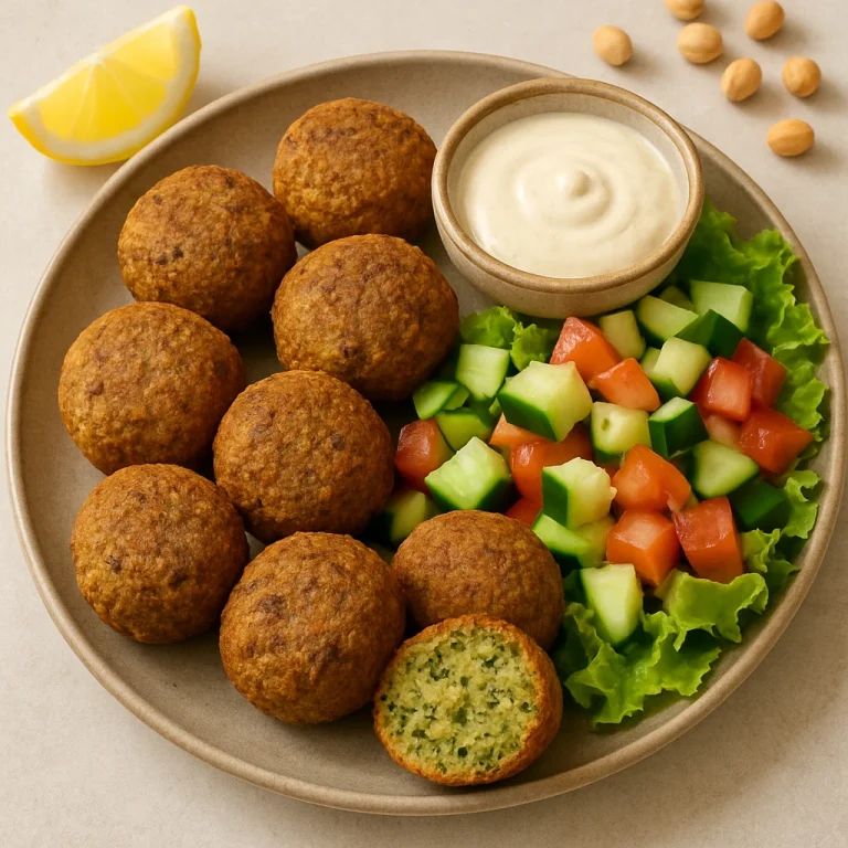 Zöldséges falafel golyók tányéron friss salátával és tahini szósszal tálalva