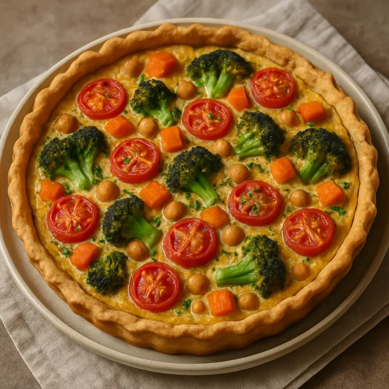 Frissen sült fűszeres zöldséges pite, színes zöldségekkel díszítve