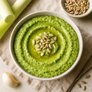 Friss, növényi pesto póréhagymából és napraforgómagból