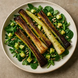 Sült póréhagymás vegán saláta recept