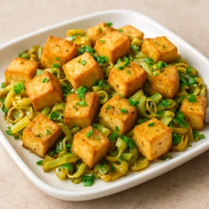 Ropogós tofu párolt póréhagymával, friss petrezselyemmel tálalva