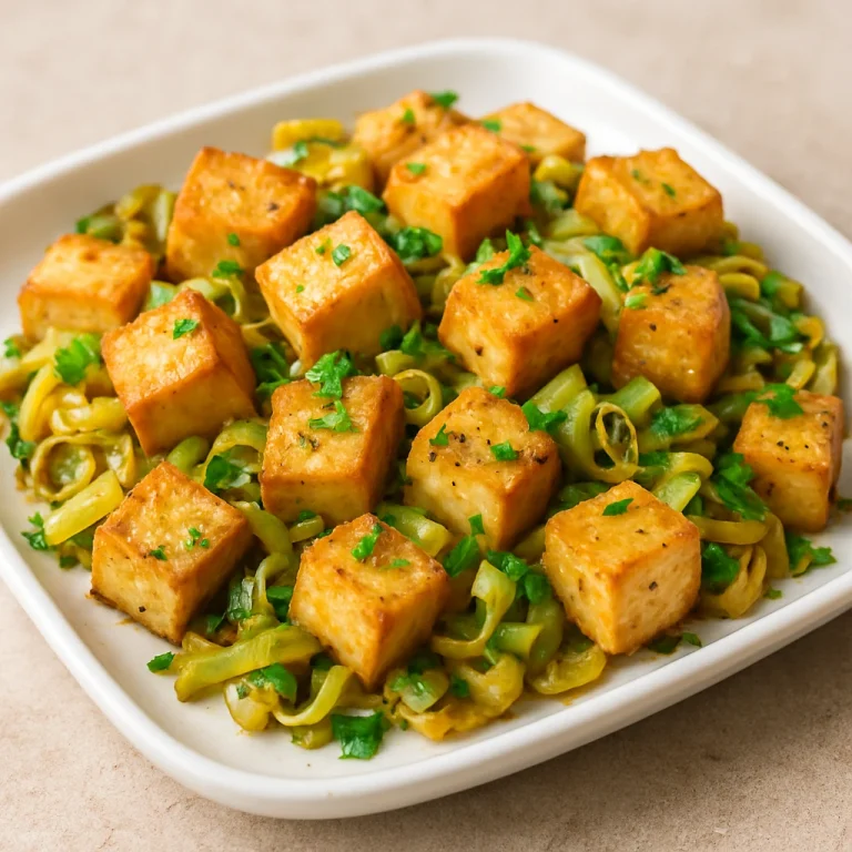 Prebiotikus sült tofu fűszeres póréhagymával tálalva, aranybarnára sütve