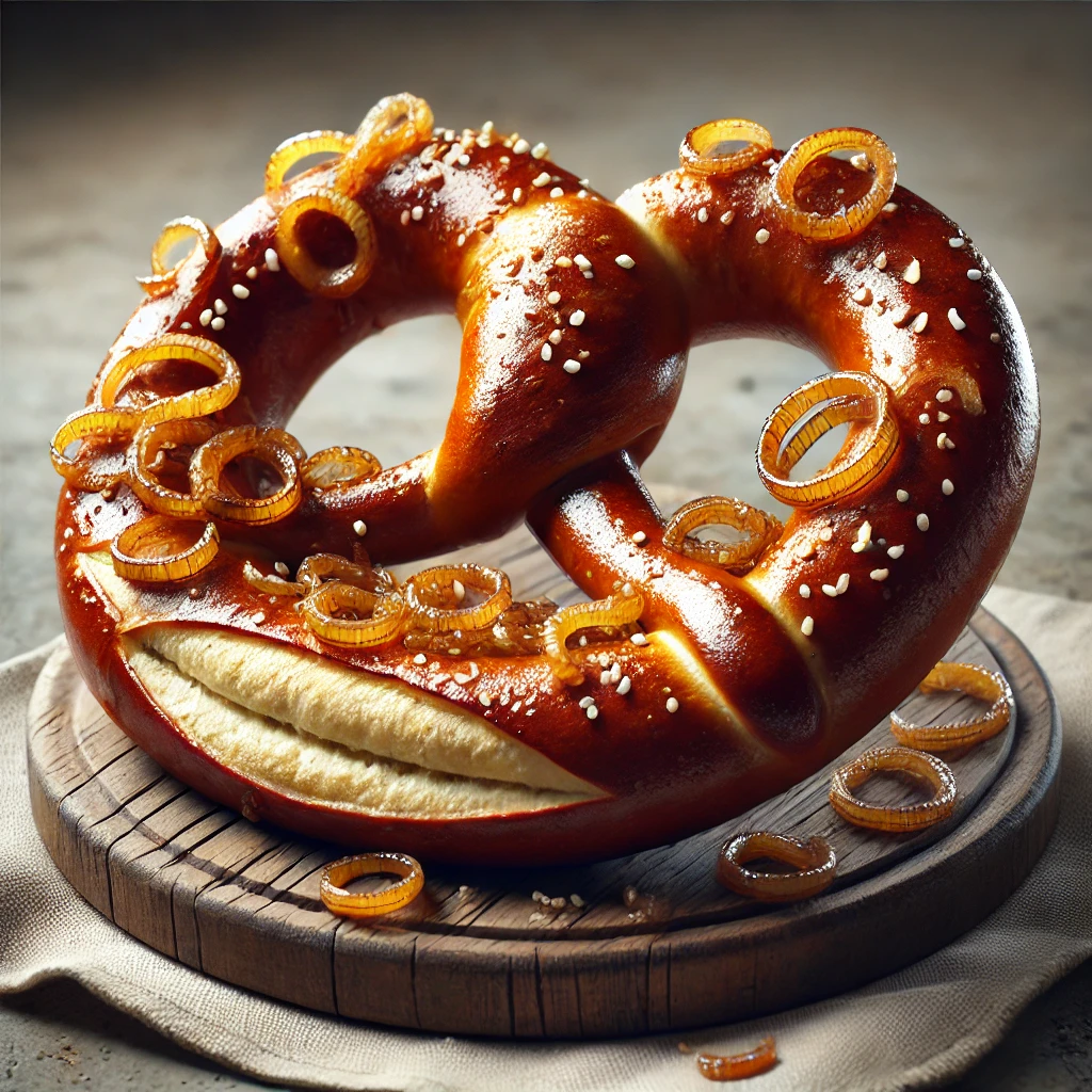 Ropogós pretzel pörkölt hagymával készítve