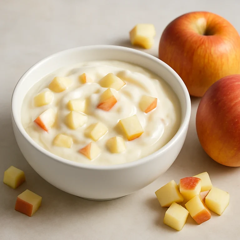 Probiotikus almás joghurt krémes állagban, gyümölcsdarabokkal fehér tálban tálalva