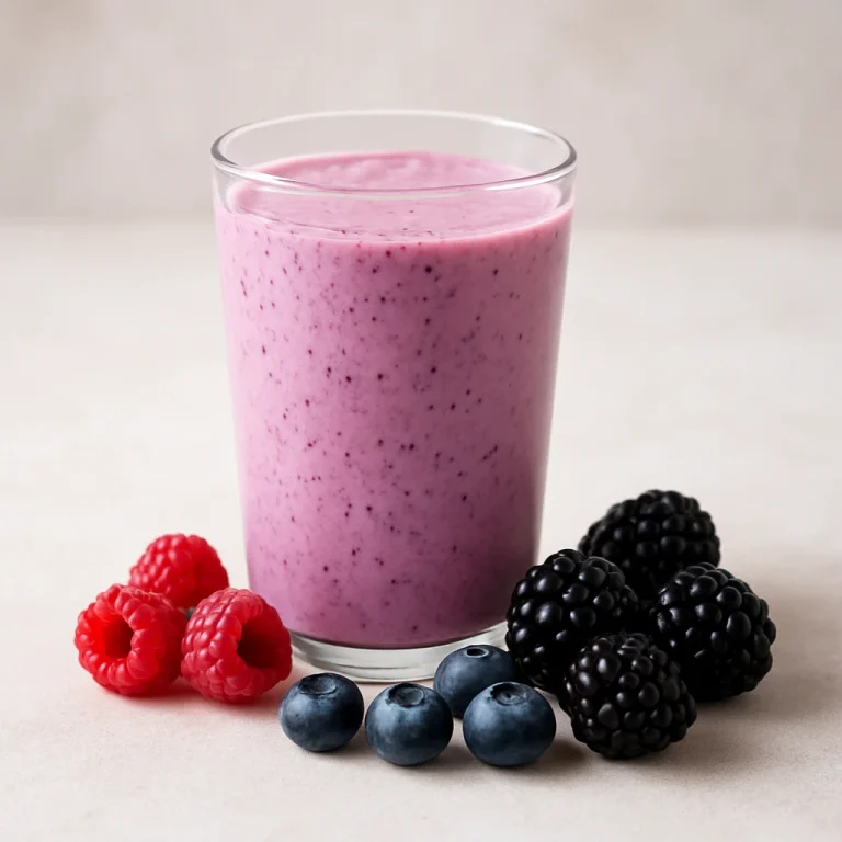 Bogyós gyümölcsös kefir pohárban, krémes, rózsaszínes-lila árnyalatú ital friss gyümölcsökkel