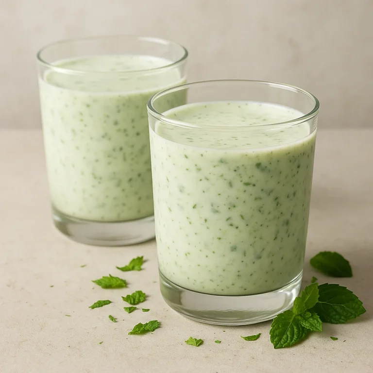 Probiotikus borsmentás kefir poharakban, enyhén zöldes árnyalattal tálalva