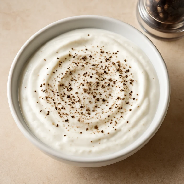 Krémes probiotikus borsos joghurt tálkában, tetején frissen őrölt fekete borssal megszórva