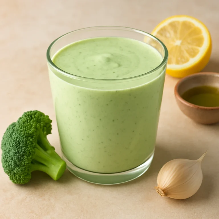 Probiotikus brokkolis kefir pohárban, zöldes árnyalatú, selymes textúrájú ital