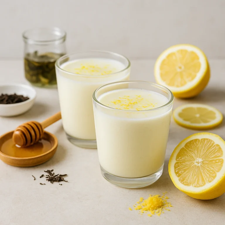Citromos zöld tea kefir poharakban tálalva, világos színű ital, reszelt citromhéjjal megszórva