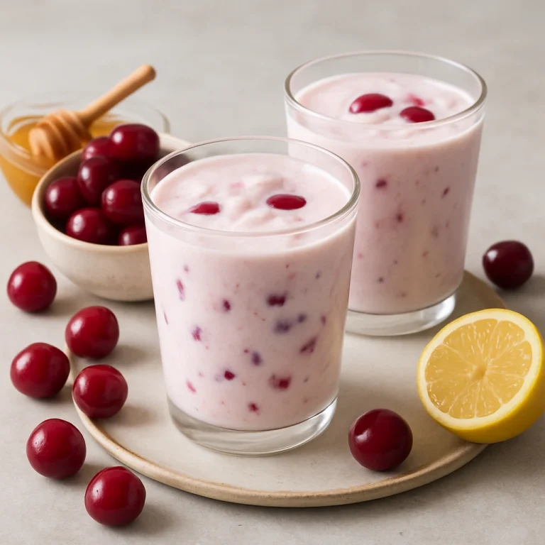 Cseresznyés kefir ital poharakban tálalva, halvány rózsaszínű, krémes ital, cseresznyedarabokkal