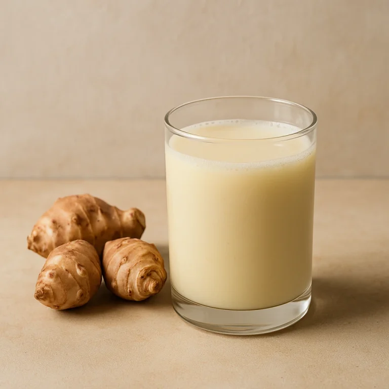 Probiotikus csicsóka kefir világos színű ital formájában pohárban, natúr környezetben