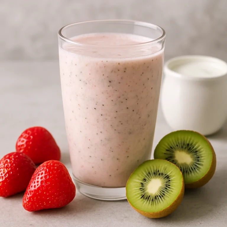 Probiotikus eper-kiwi kefir krémes, világos rózsaszínes-zöldes ital pohárban tálalva