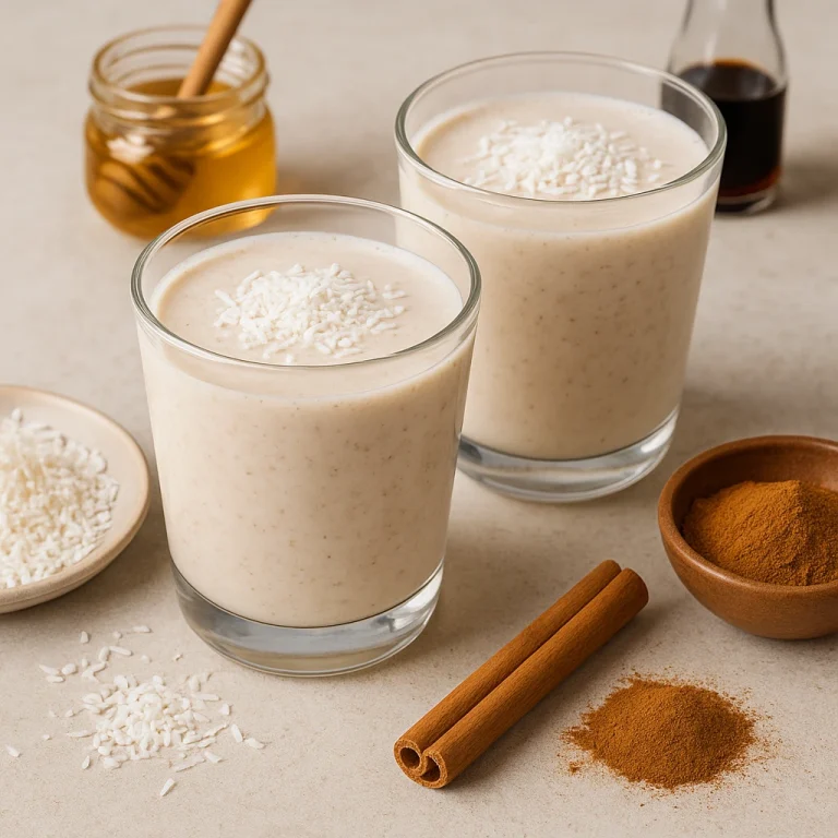 Fahéjas-kókuszos joghurt ital poharakban tálalva, világos krémes árnyalatban, a tetején kevés kókuszreszelékkel