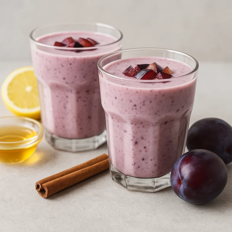 Fahéjas szilvás kefir poharakban tálalva, rózsás-lilás árnyalatú krémes ital szilvadarabokkal