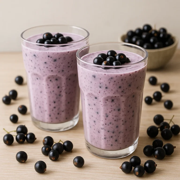 Feketeribizlis kefir poharakban tálalva, friss ribizliszemekkel