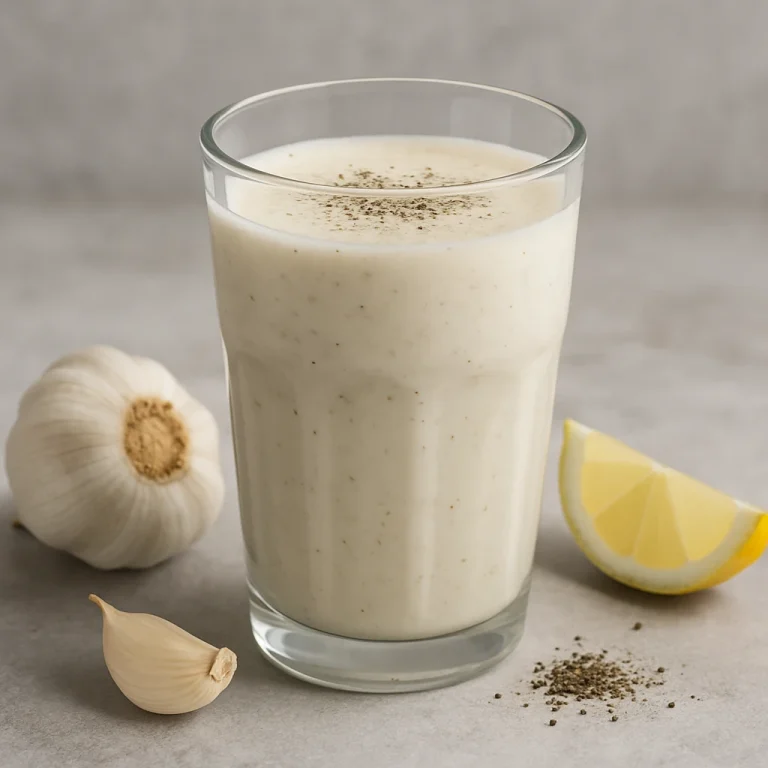 Pohár probiotikus fokhagyma-borsos kefir világos árnyalatú, sós ital formájában