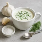 Probiotikus fokhagymás kefir ital fehér csészében tálalva, kaporral megszórva