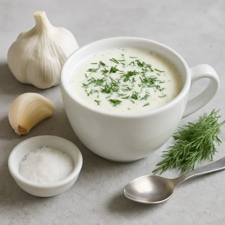 Probiotikus fokhagymás kefir ital fehér csészében tálalva, kaporral megszórva