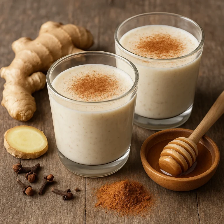 Fűszeres gyömbéres kefir poharakban tálalva, világos színű ital, finoman megszórva fahéjjal