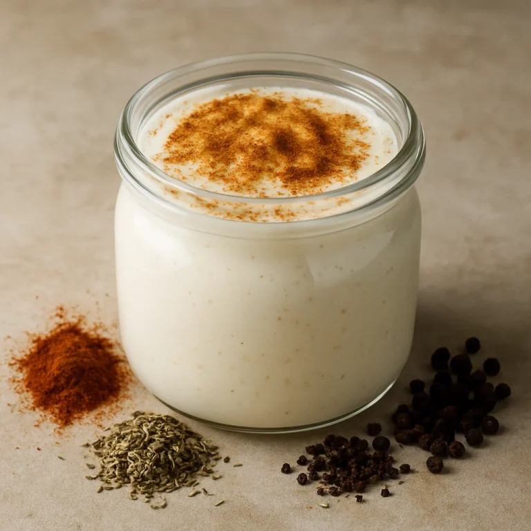 Fűszeres kefir pohárban tálalva, tetején paprikával és borssal megszórva
