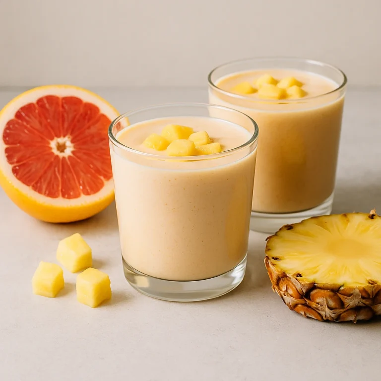 Grapefruit-ananászos kefir poharakban, világos krémes szín, gyümölcsdarabokkal a tetején