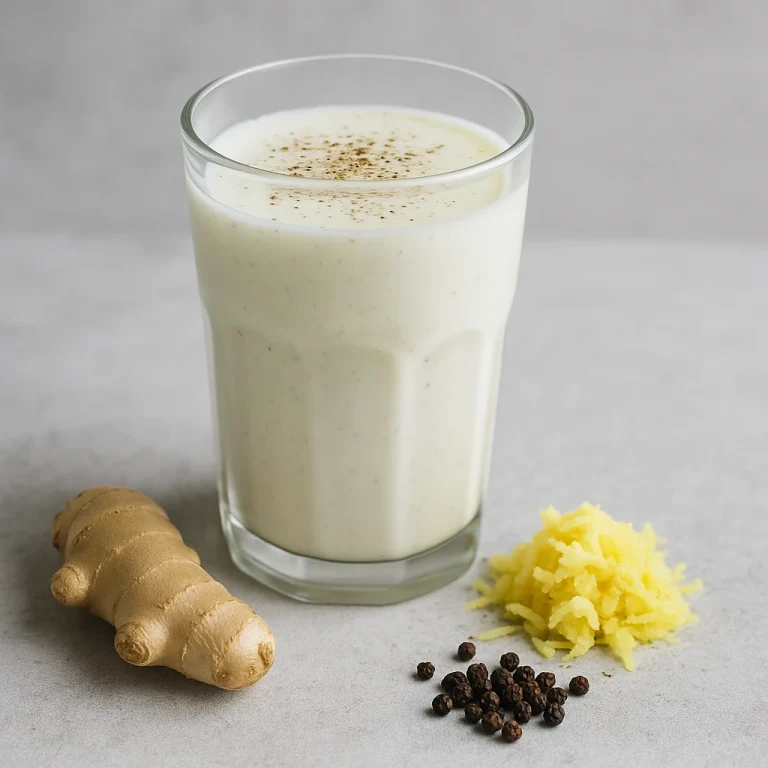 Probiotikus gyömbéres-borsos kefir pohárban tálalva, mellette reszelt gyömbér és fekete bors