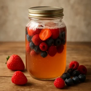 Színes gyümölcsökkel ízesített kombucha ital otthon