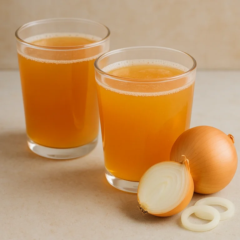 Probiotikus hagymás kombucha poharakban, leszűrt formában tálalva