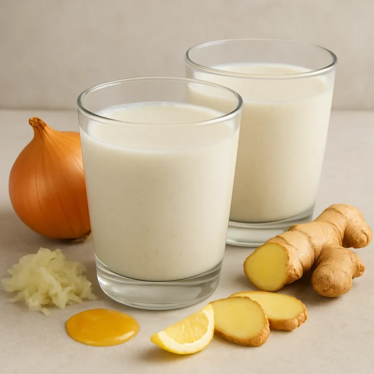 Probiotikus hagyma-gyömbéres kefir poharakban, világos színű ital