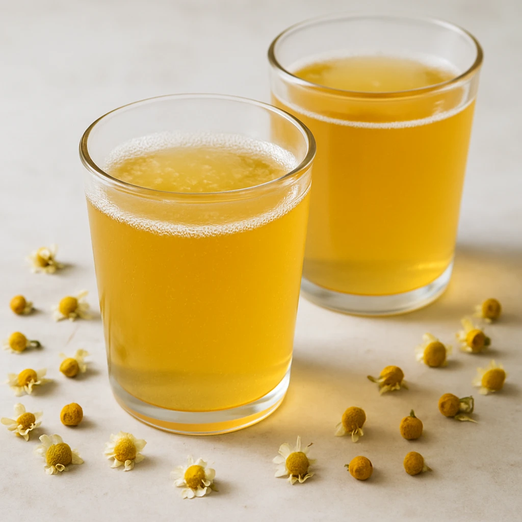 Fermentált kombucha ital kamillateából és citrommal