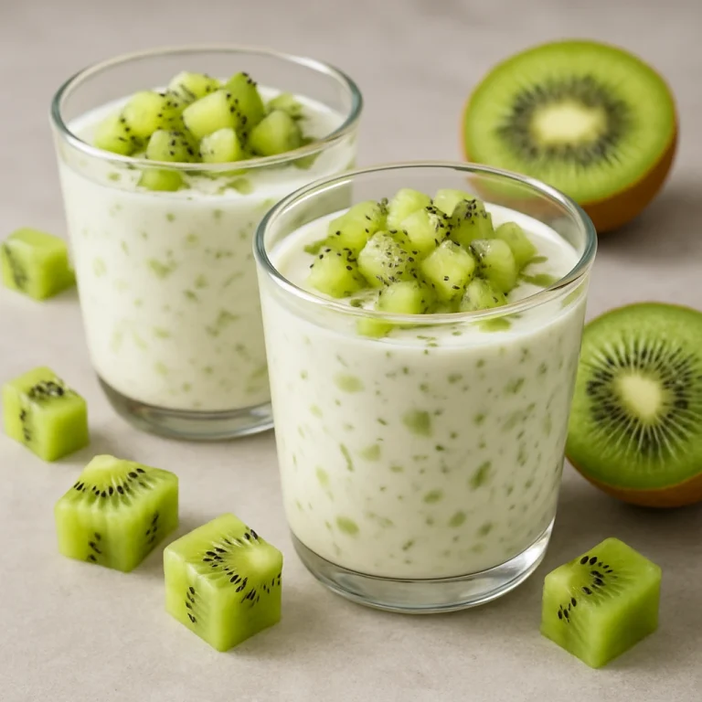 Probiotikus kivi joghurt poharakban tálalva, friss kivi darabokkal