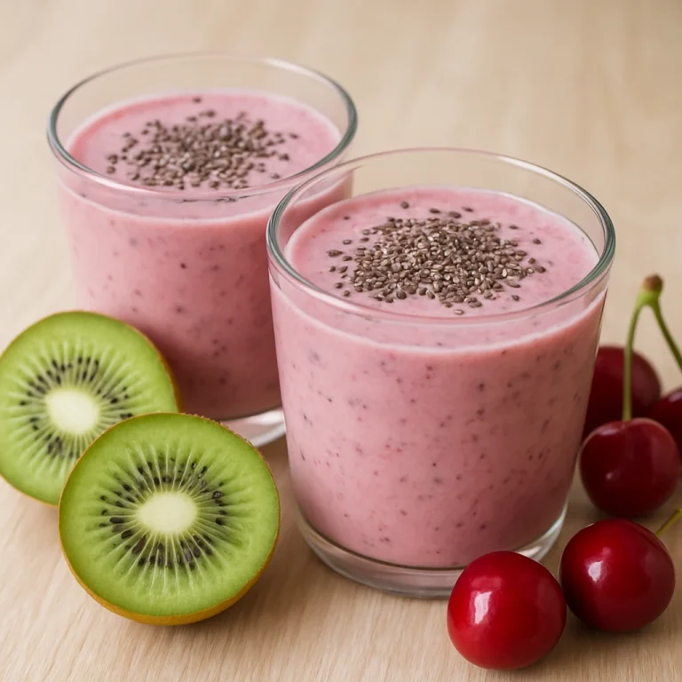 Probiotikus kivis-cseresznyés joghurt frissítő ital pohárban