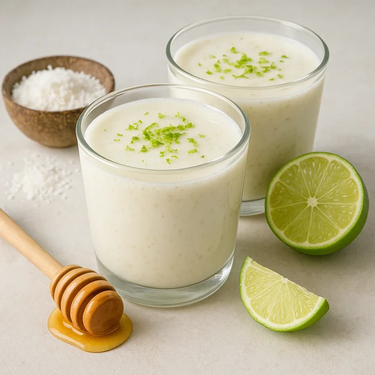 Kókusz-lime kefir ital poharakban tálalva, világos krémes szín, lime héjjal díszítve