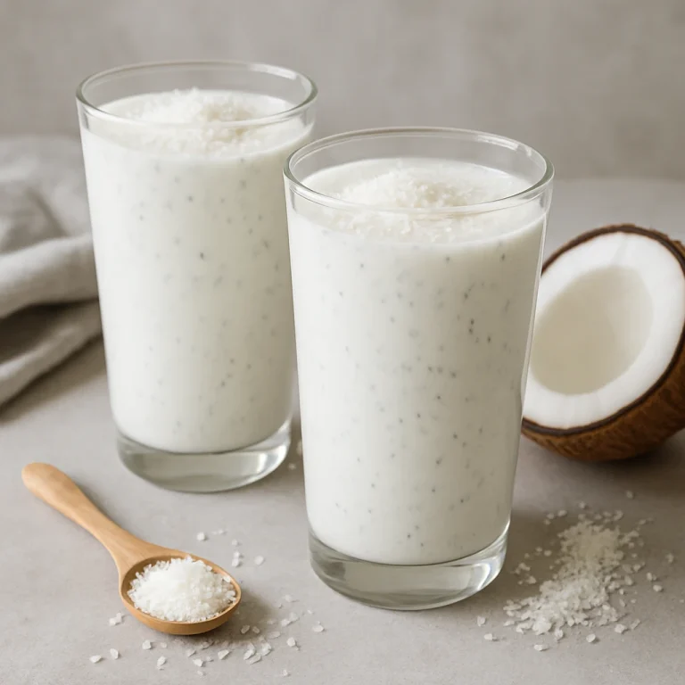 Probiotikus kókuszos kefir pohárban, reszelt kókusszal a tetején