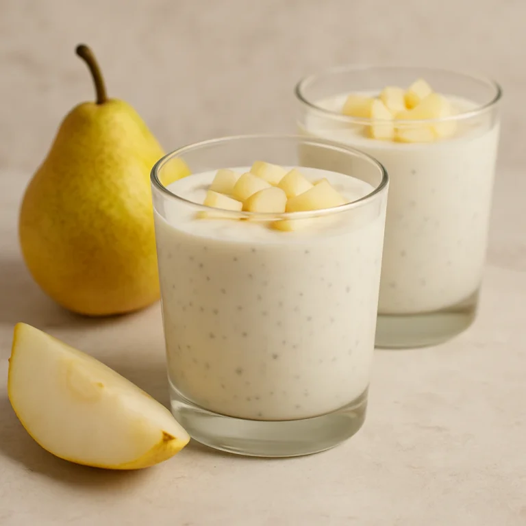 Probiotikus körtés kefir poharakban, friss körtedarabokkal tálalva