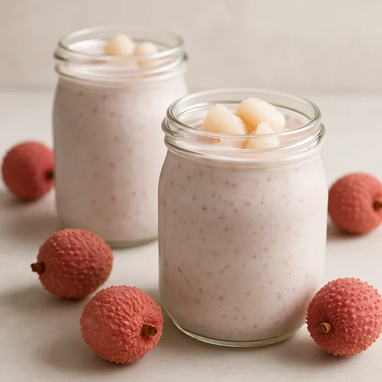 Probiotikus licsis joghurt poharakban, friss licsidarabokkal tálalva