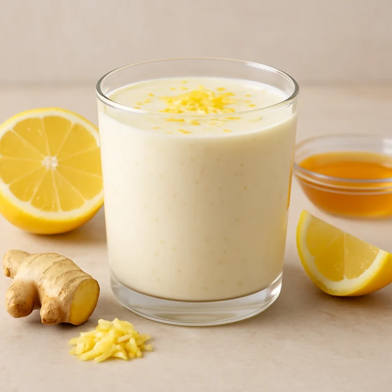 Limonádés gyömbéres joghurt ital pohárban, világos krémes színű ital citromhéjjal megszórva