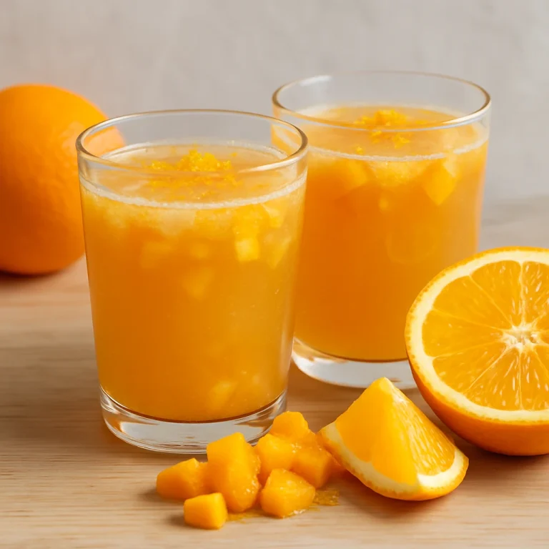 Narancsos kombucha poharakban tálalva, friss narancsdarabokkal