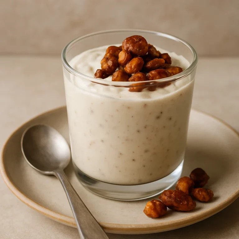 Krémes probiotikus joghurt pohárban, tetején pörkölt földimogyoróval