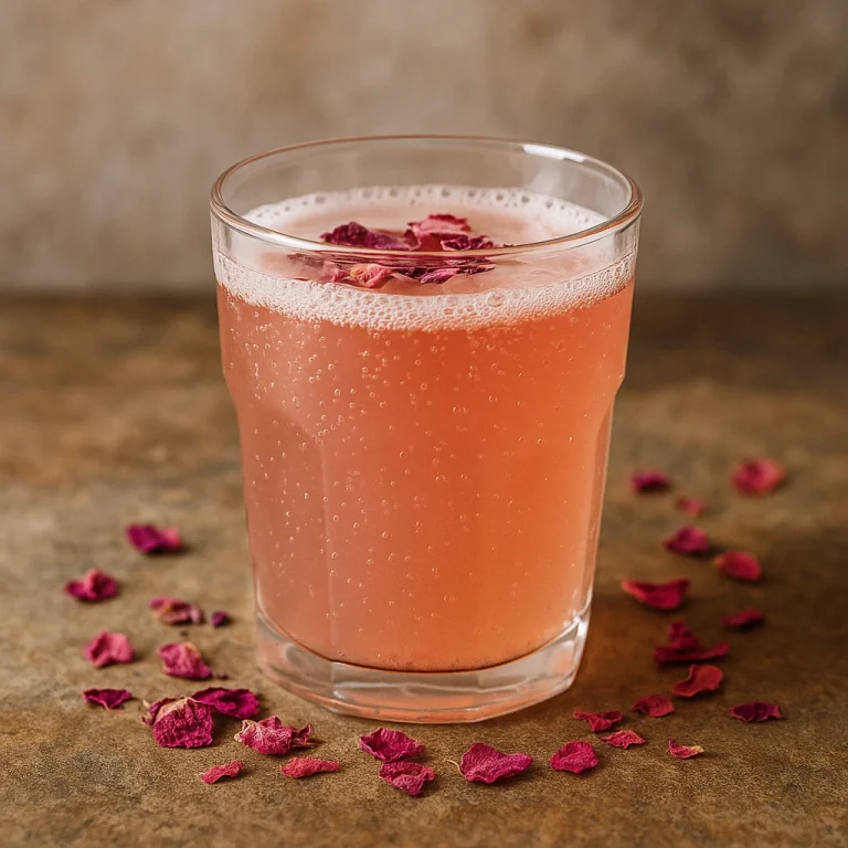 Probiotikus rózsa kombucha üvegpohárban, enyhén pezsgő rózsaszín ital