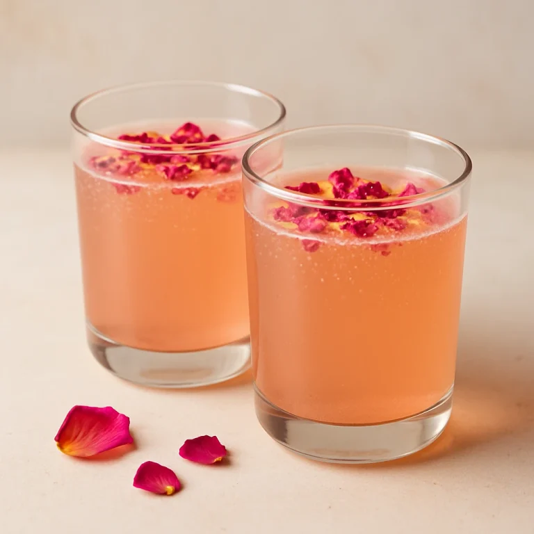 Rózsavizes kombucha poharakban tálalva, finom rózsaszirom díszítéssel