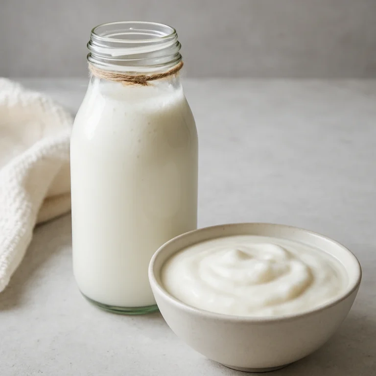 Probiotikus tej kefir üvegben, fehér ital krémes textúrával